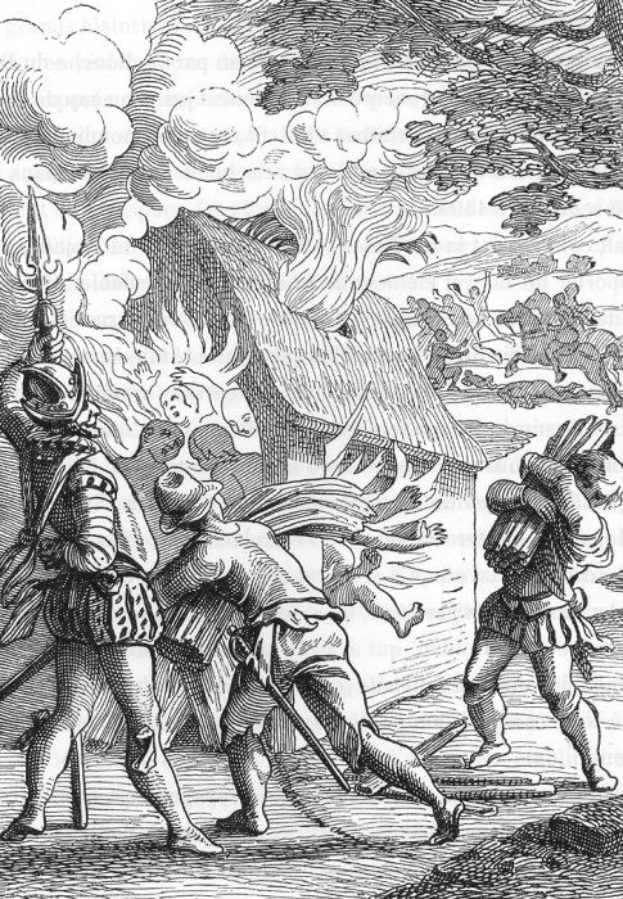 Schwarz-weiß-Radierung von 16. Jahrhundert-Männern in mittelalterlicher Kleidung, einer hält ein Schwert, mit einem brennenden Haus und Rauch im Hintergrund.