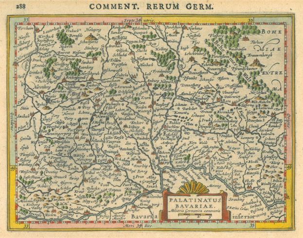 Ein altes Deutschlandkarte, das die Provinzen Pfalz und Bayern hervorhebt, mit begleitendem Text, der zusätzliche Informationen bietet.