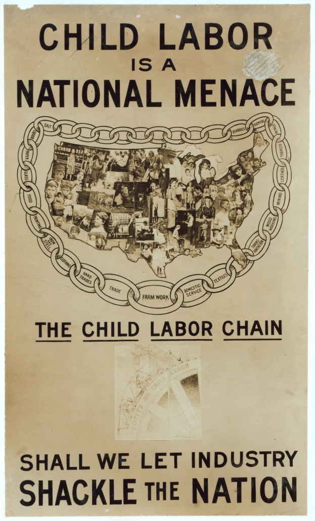 Plakat mit der Aufschrift "Kinderschutz ist eine nationale Bedrohung - Sollen wir die Industrie das Land fesseln lassen?" in fetter schwarzer Schrift auf einem weißen Hintergrund, das eine bunte Gruppe von Menschen zeigt, die gemeinsam stehen.