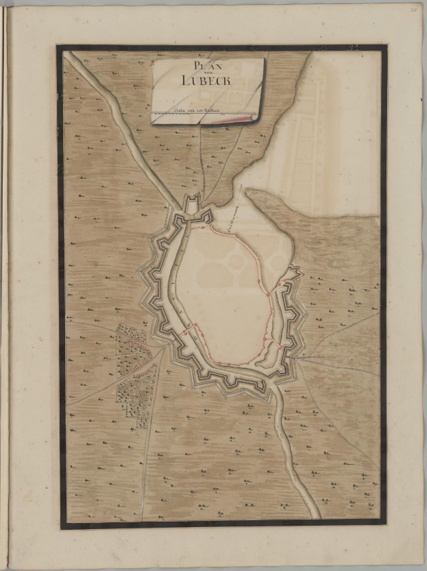 Eine detaillierte Karte der Stadt Lübeck auf dem Einband eines alten Buches, das Straßen, Gebäude und Sehenswürdigkeiten zeigt, begleitet von Texten über die Geschichte, Bevölkerung und Kultur der Stadt.