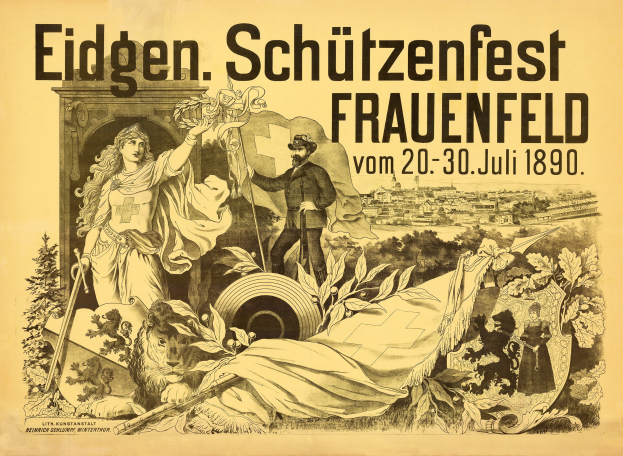 Plakat für das Eidgen Schützenfest in Frauenfeld, Deutschland, das einen Mann in einem Anzug und eine Frau in einem Kleid mit Veranstaltungseinzelheiten in Text zeigt.