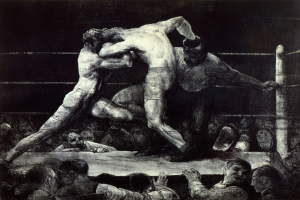 Schwarze und weiße Zeichnung von zwei Boxern, die in einem Ring kämpfen, umgeben von einer jubelnden Menge.