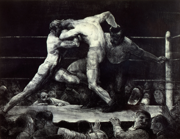 Schwarze und weiße Zeichnung von zwei Boxern, die in einem Ring kämpfen, umgeben von einer jubelnden Menge.