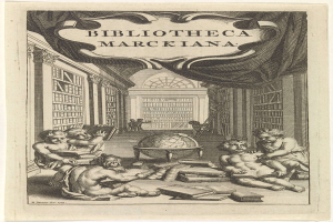 Gravur von Menschen, die eine Weltkugel in einer Bibliothek studieren, mit dem Titel "Bibliotheca Marckiana", umgeben von Bücherregalen mit Büchern.