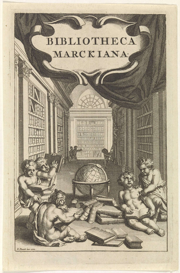 Gravur von Menschen, die eine Weltkugel in einer Bibliothek studieren, mit dem Titel "Bibliotheca Marckiana", umgeben von Bücherregalen mit Büchern.