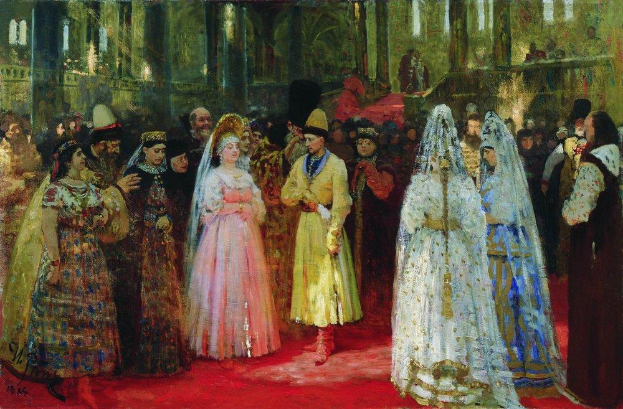 Ein Gemälde, das eine Gruppe von Menschen in traditioneller russischer Hochzeitskleidung zeigt, die auf einem roten Teppich stehen, mit dem Brautpaar in der Mitte, umgeben von Familie und Freunden, vor einem Gebäude im Hintergrund, mit leuchtenden Farben und detaillierten Kleidungsstücken.
