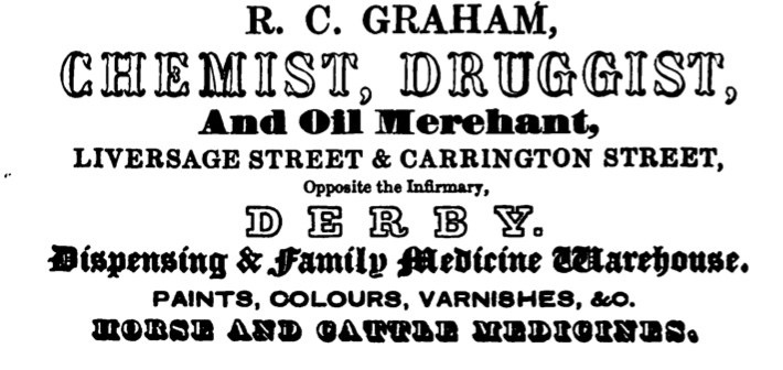 Schwarze und weiße Anzeige für R.C. Graham, einen Chemiker, Apotheker und Ölmagnaten, mit schwarzem Text auf weißem Hintergrund.
