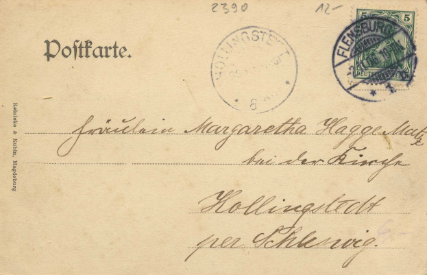 Eine alte Postkarte mit einem deutschen Stempel, auf der der Text "Hollingstadt" und die Nummer "2390" steht.