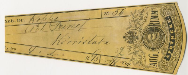 Ein alter Goldscheck aus dem Jahr 1873 mit einem Porträt eines Mannes und handgeschriebenem Text und Zahlen.