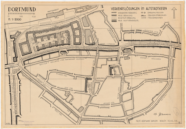 Ein detailliertes altes Stadtplan von Dortmund, Deutschland, mit Straße, Gebäude und Sehenswürdigkeiten mit Textanmerkungen.