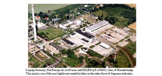 Aerial view of a large industrial area in Leipzig, Germany, labeled "Bell Europe," featuring buildings, trees, roads, and other infrastructure.