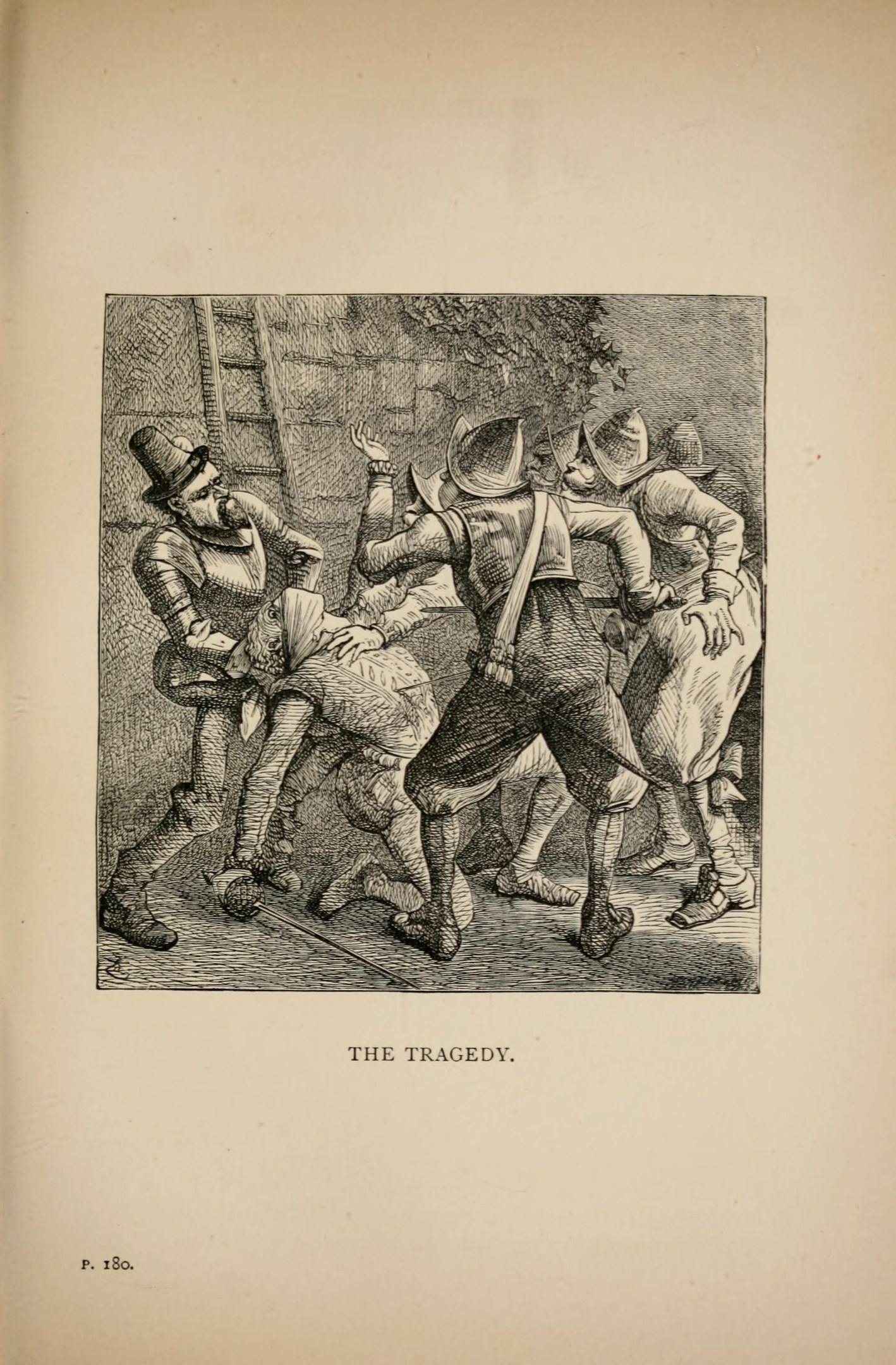 Ein offenes Buch mit einer Zeichnung von verzweifelten Menschen, beschriftet mit 'Die Tragödie' unten.