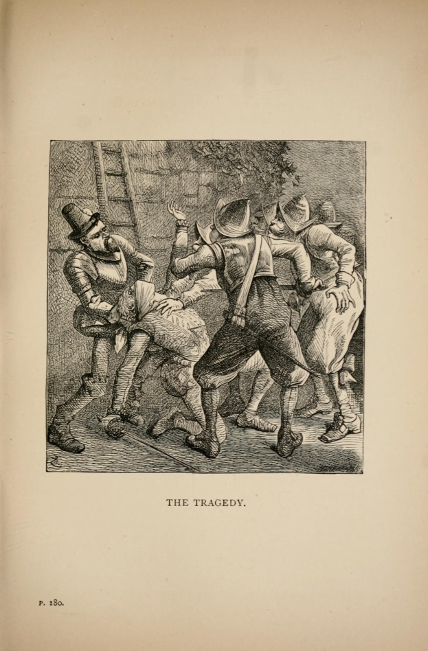 Ein offenes Buch mit einer Zeichnung von verzweifelten Menschen, beschriftet mit 'Die Tragödie' unten.