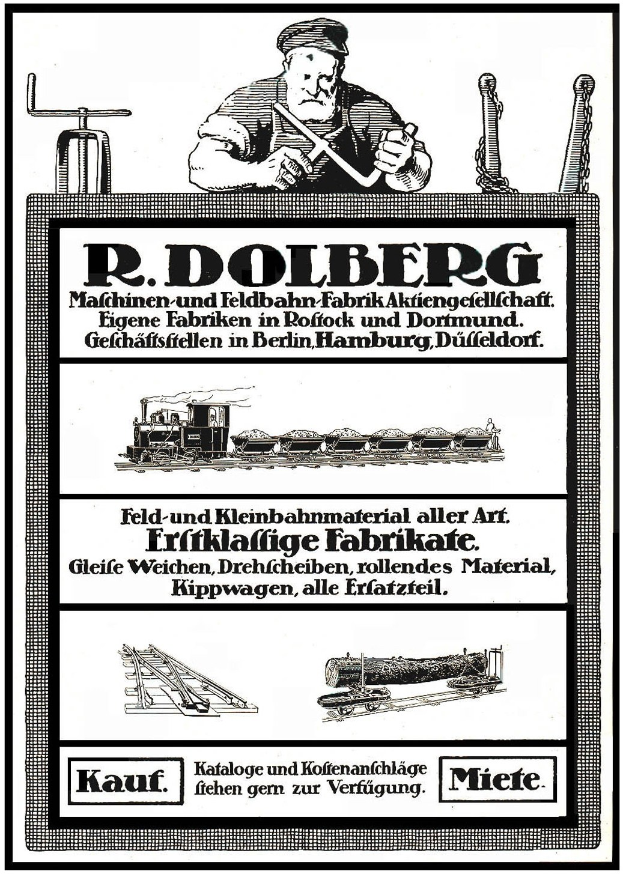 Werbeplakat für R.D. Dolbergs Fabrik in Hamburg, Deutschland, zeigt Text und Bilder einer Person, eines Zuges und weiterer Gegenstände.