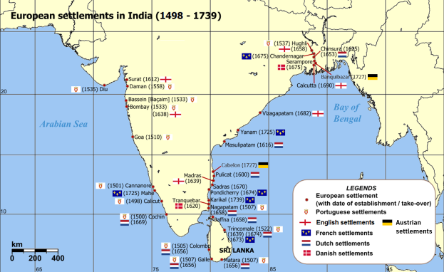 Ein detaillierter Plan von Indien von 1498 bis 1739, der europäische Siedlungen mit Text und Zahlen, Länder, Grenzen, wichtige Städte und Gewässer zeigt.