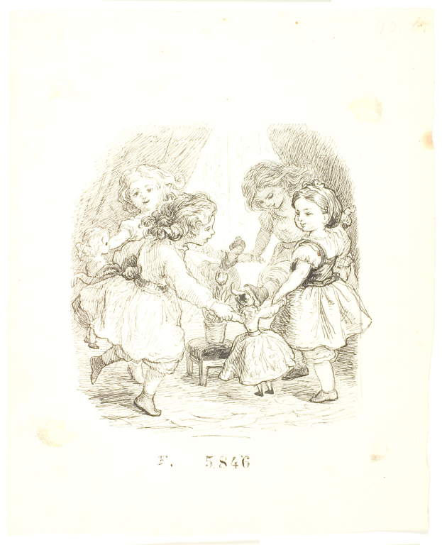 Eine Zeichnung von spielenden Kindern mit einem menschlichen Gesicht in der Mitte auf einem Papier mit Text.