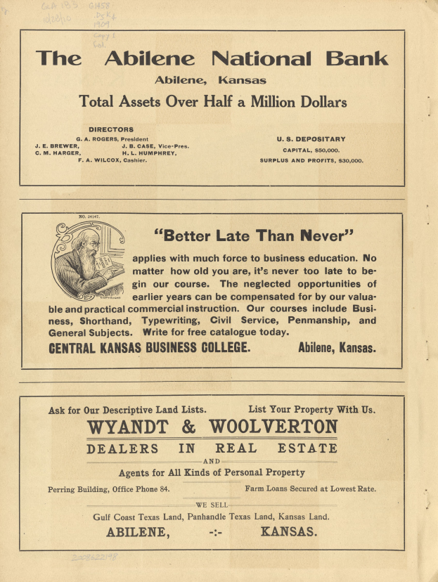 Eine alte Zeitungsannonce für die Abilene National Bank, die ein zentrales Bild einer Person und Text zeigt, der die Dienstleistungen der Bank beschreibt.