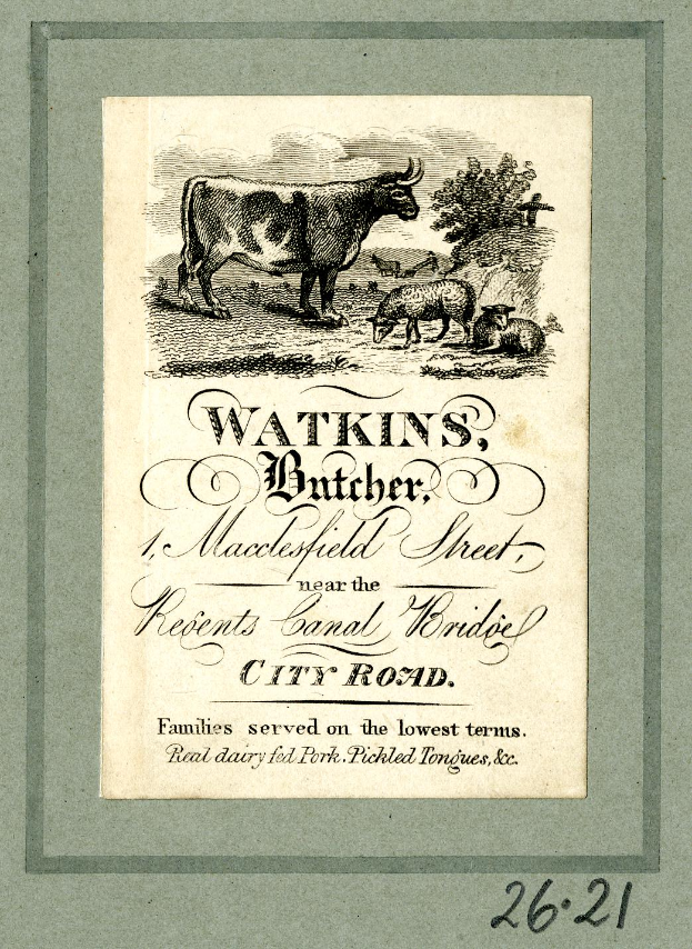 Ein altes Buchcover mit einer Kuh, die in einer grünen Wiese mit Bäumen im Hintergrund steht, begleitet von zwei Schafen, die zu der Kuh aufschauen, mit der Aufschrift "Watkins, Schlachter, Macclesfield Street".