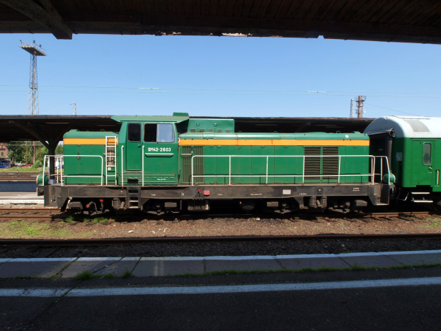 Ein grüner Diesel-Elektrolok auf Eisenbahnschienen unter einer Brücke, umgeben von Steinen, Gras, einem Weg, Bäumen, Strommasten mit Drähten, einem Turm, Fahrzeugen und einem bewölkten Himmel.