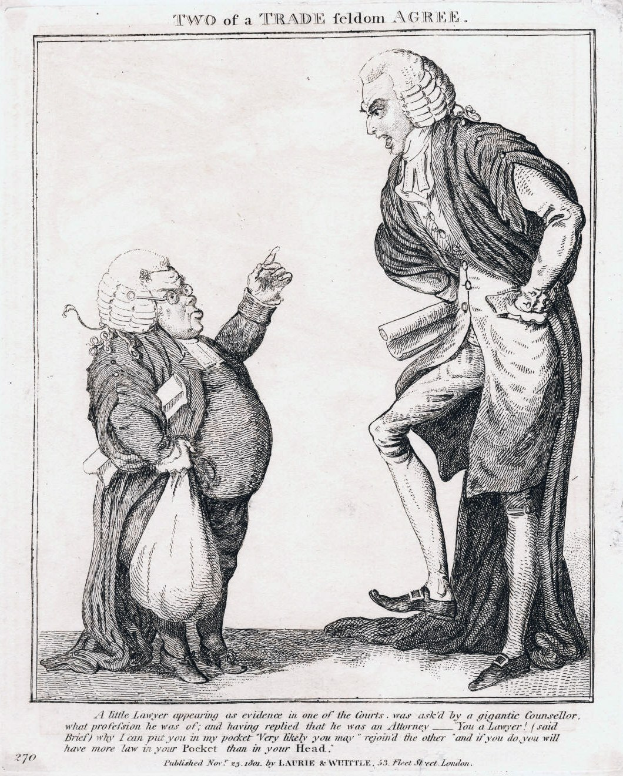 Schwarze und weiße Linienzeichnung von zwei Personen, wobei eine eine Tasche hält, mit dem Text "Zwei eines Handwerks Feldom einigen sich" darunter auf dem Papier.