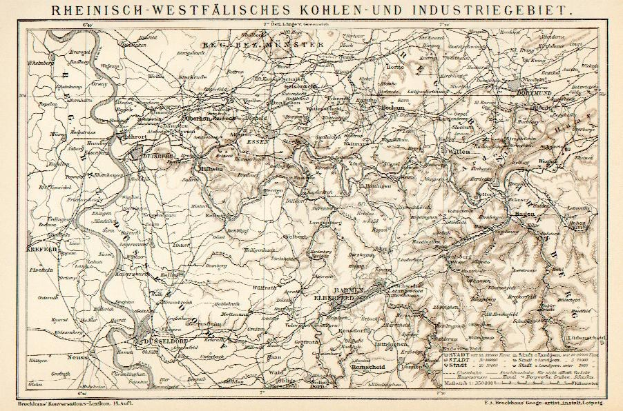 Alte Karte des Rheinisch-Westfälischen Kohle- und Industriegebietes, die Flüsse, Berge und Städte mit Text oben und unten zeigt.