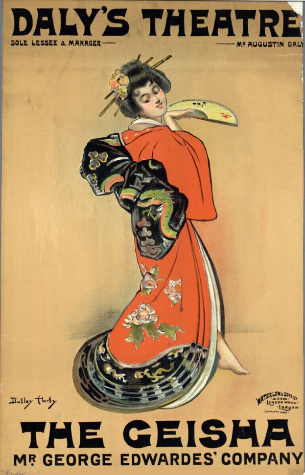 Eine Frau in einem Kimono mit sanftem, friedlichem Ausdruck, geschlossenen Augen und Haar im Knoten, mit dem Text "Daly's Theatre - Die Geisha - Mr. George Edwards Company" oben.