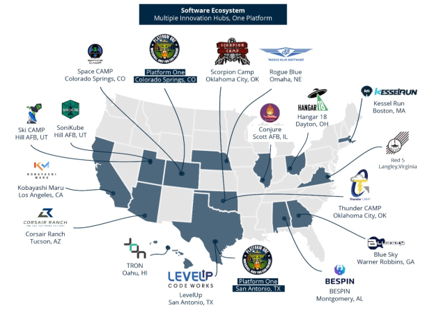 Eine Karte der Vereinigten Staaten mit Unternehmenslogos, die Standorte des Software-Ökosystems markieren und Text, der zusätzliche Details bereitstellt.