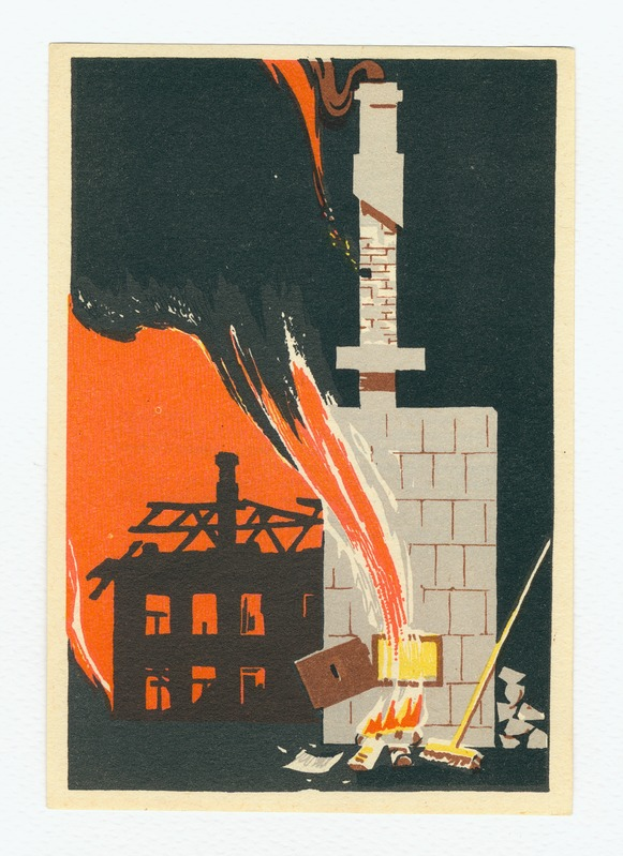 Ein Plakat, das ein baufälliges Gebäude zeigt, das von hellorangeen und gelben Flammen umgeben ist, mit aufsteigendem Rauch und Schutt drumherum.