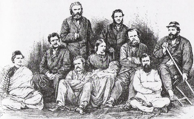 Eine Schwarz-Weiß-Zeichnung von verzweifelten Männern, beschriftet mit 'Confederate prisoners of war', einige halten Gegenstände und andere flehen mit gefalteten Händen.