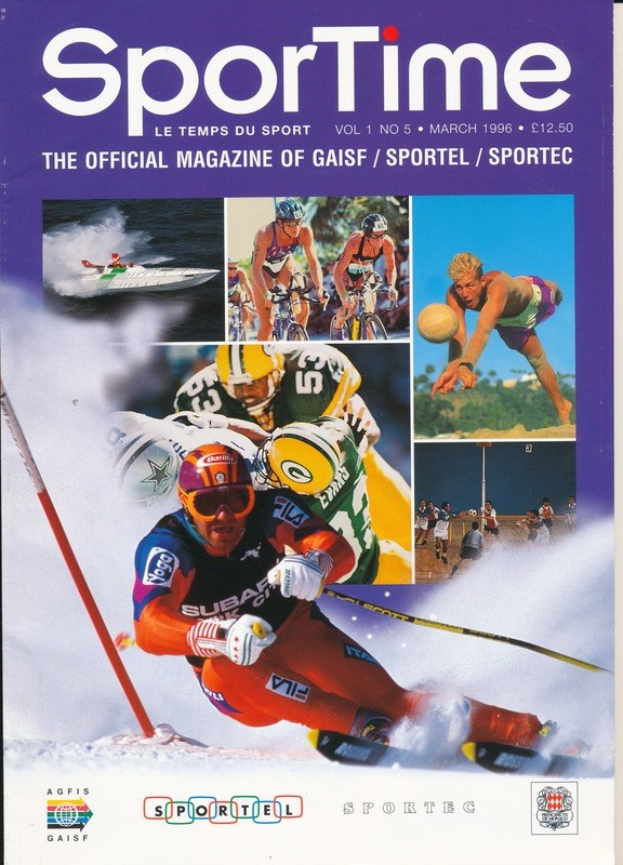 Titelbild von *Sporttime Magazine* (März 1996) mit Bildern von Skifahrern und Snowboardern auf dem Cover.